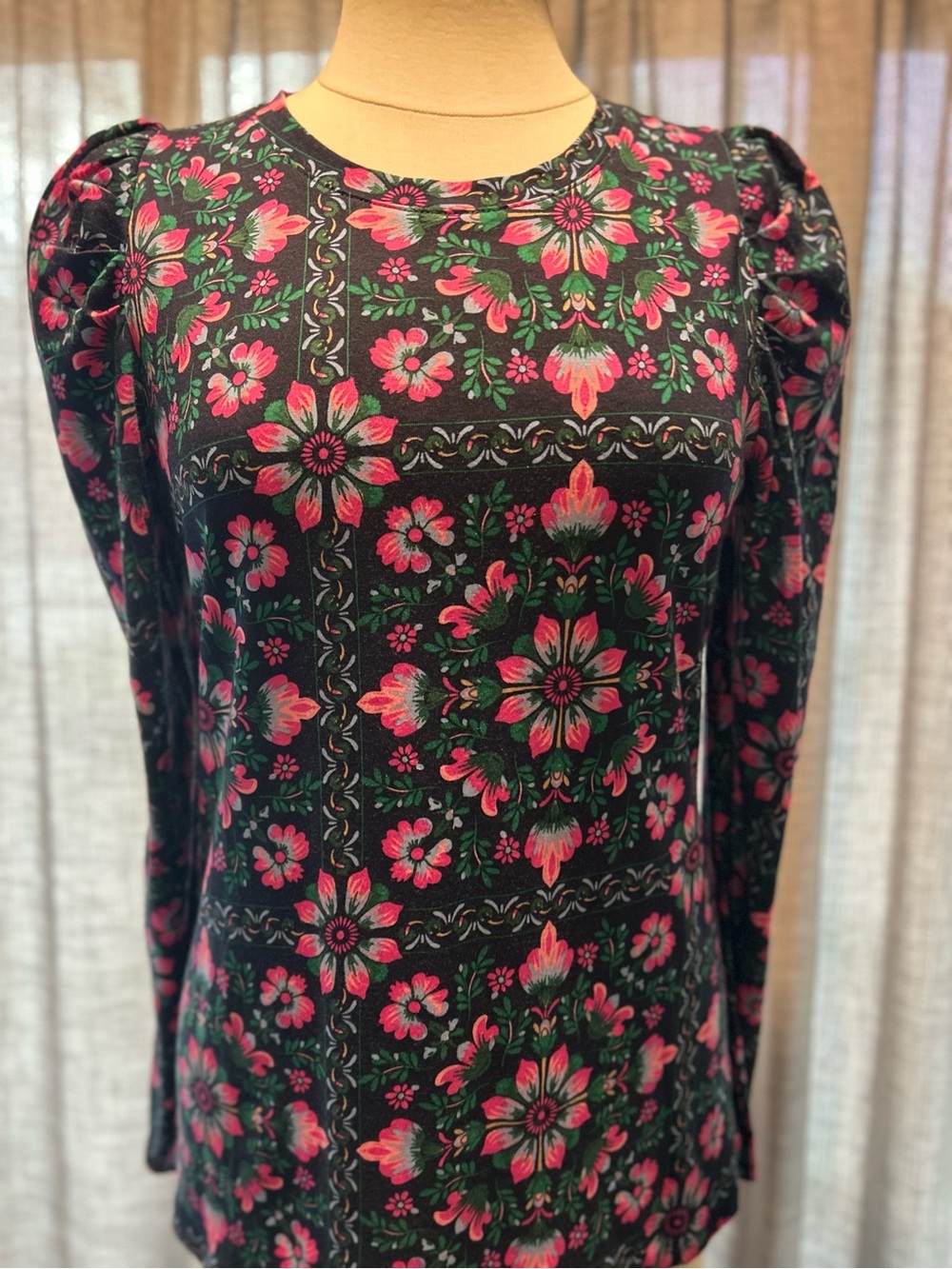 crown & ivy Black Floral Long Sleeve Dress with Pink & Green Motif